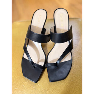 Stuart Weitzman Black Leather Two-Strap Square-Toe Sandals